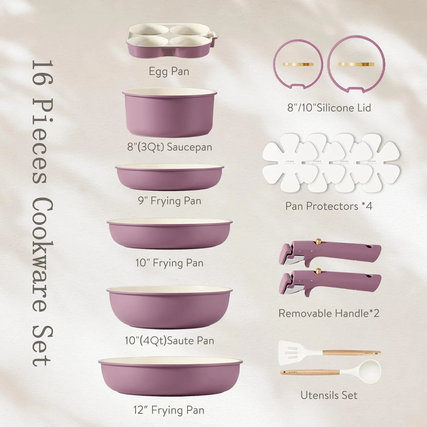 CAROTE 16pcs Pots and Pans Set, Nonstick Cookware Set Detachable Handle, Induction Kitchen Cookware Sets Non Stick with Removable Handle, RV Cookware Set, Gold and Purple