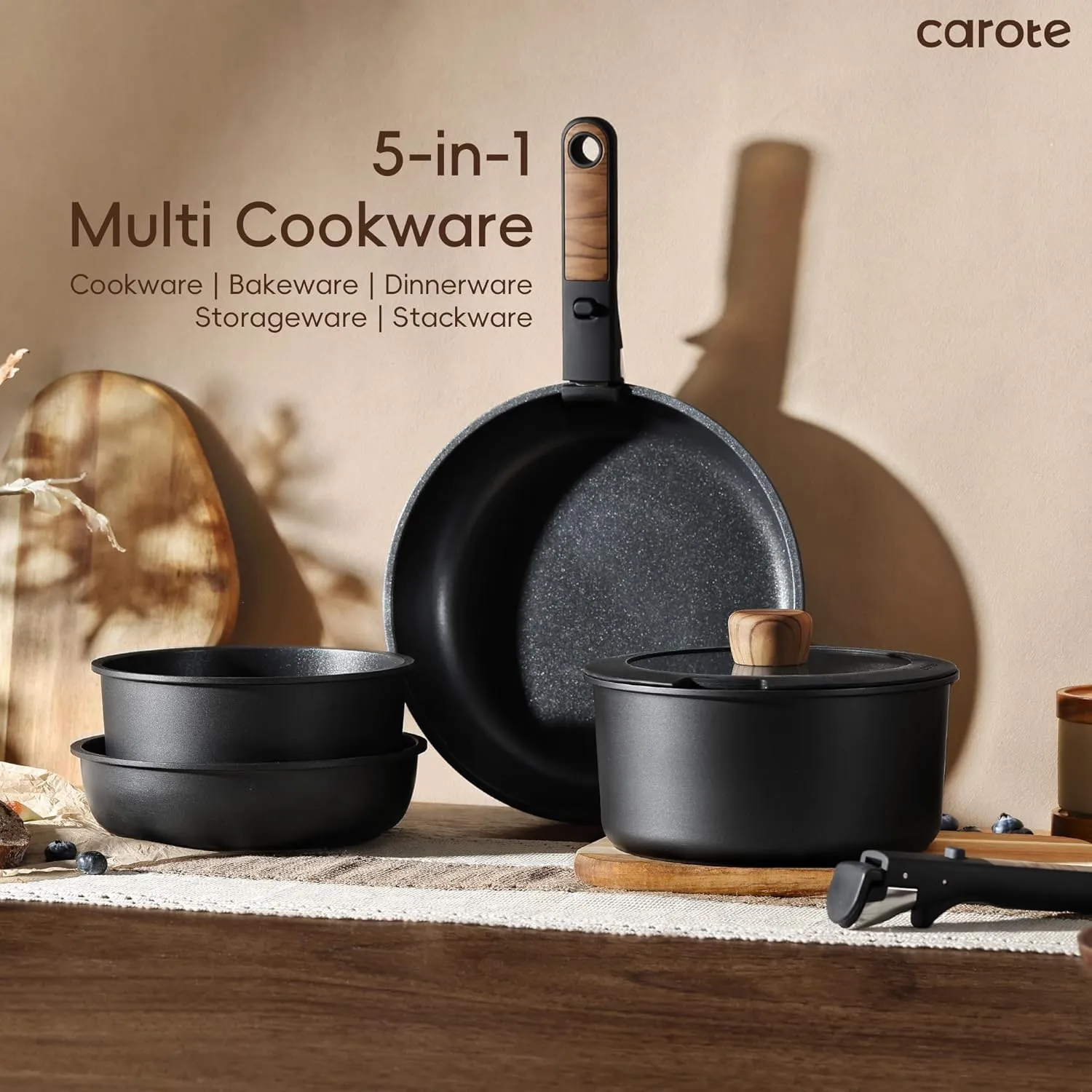 CAROTE 17pcs Pots and Pans Set, Nonstick Cookware Set Detachable Handle, Induction Kitchen Cookware Sets Non Stick with Removable Handle, RV Cookware Set, Oven Safe, Jet Black