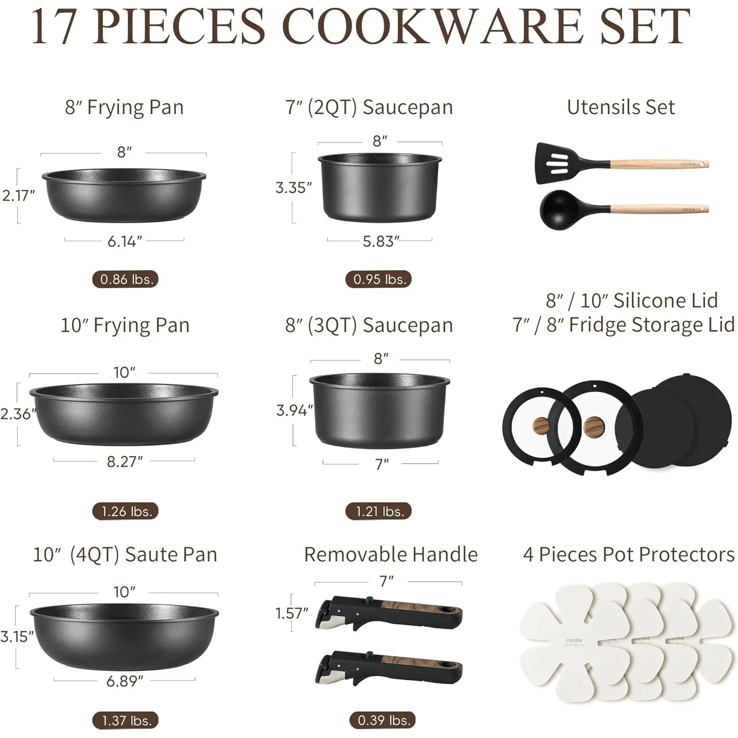CAROTE 17pcs Pots and Pans Set, Nonstick Cookware Set Detachable Handle, Induction Kitchen Cookware Sets Non Stick with Removable Handle, RV Cookware Set, Oven Safe, Jet Black