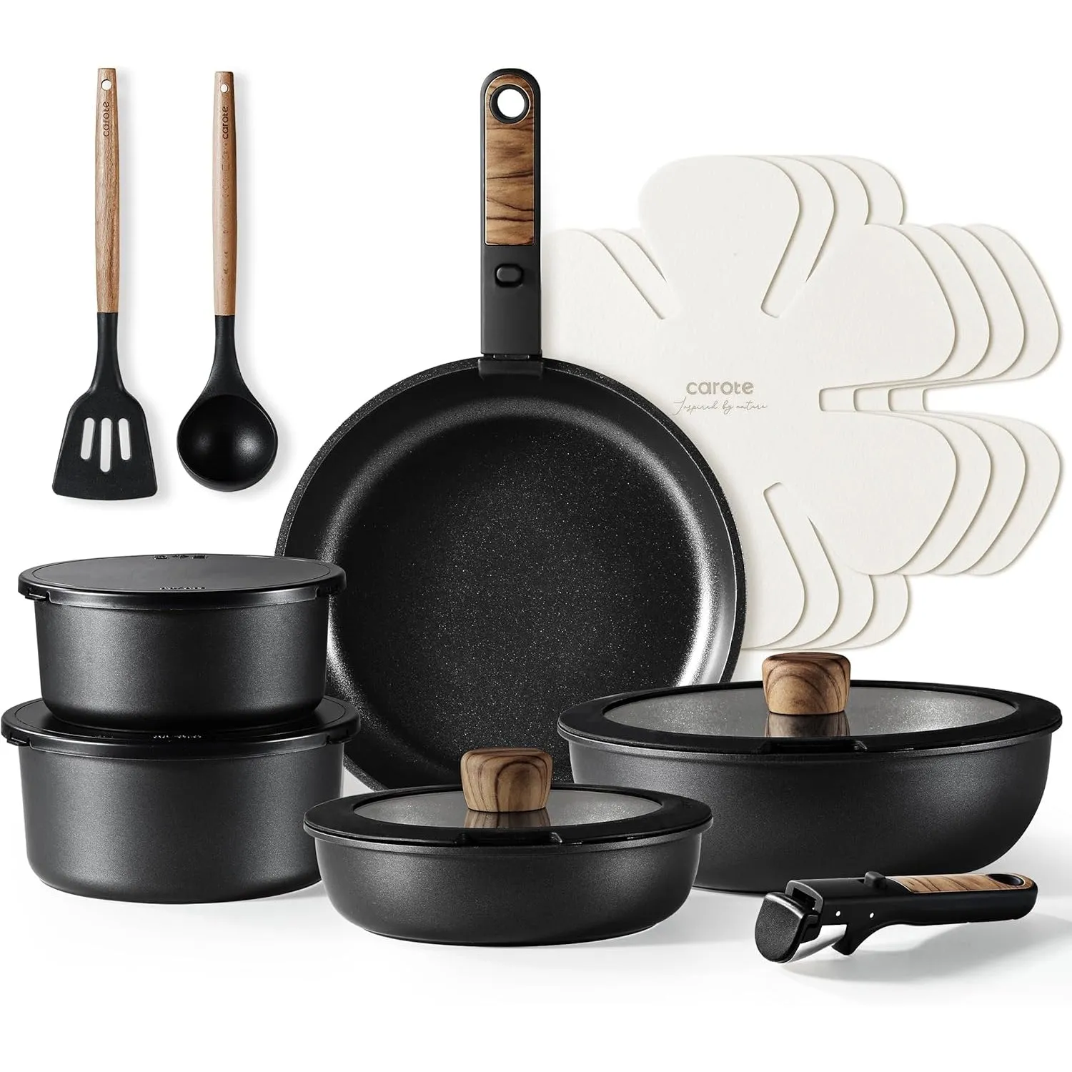 CAROTE 17pcs Pots and Pans Set, Nonstick Cookware Set Detachable Handle, Induction Kitchen Cookware Sets Non Stick with Removable Handle, RV Cookware Set, Oven Safe, Jet Black