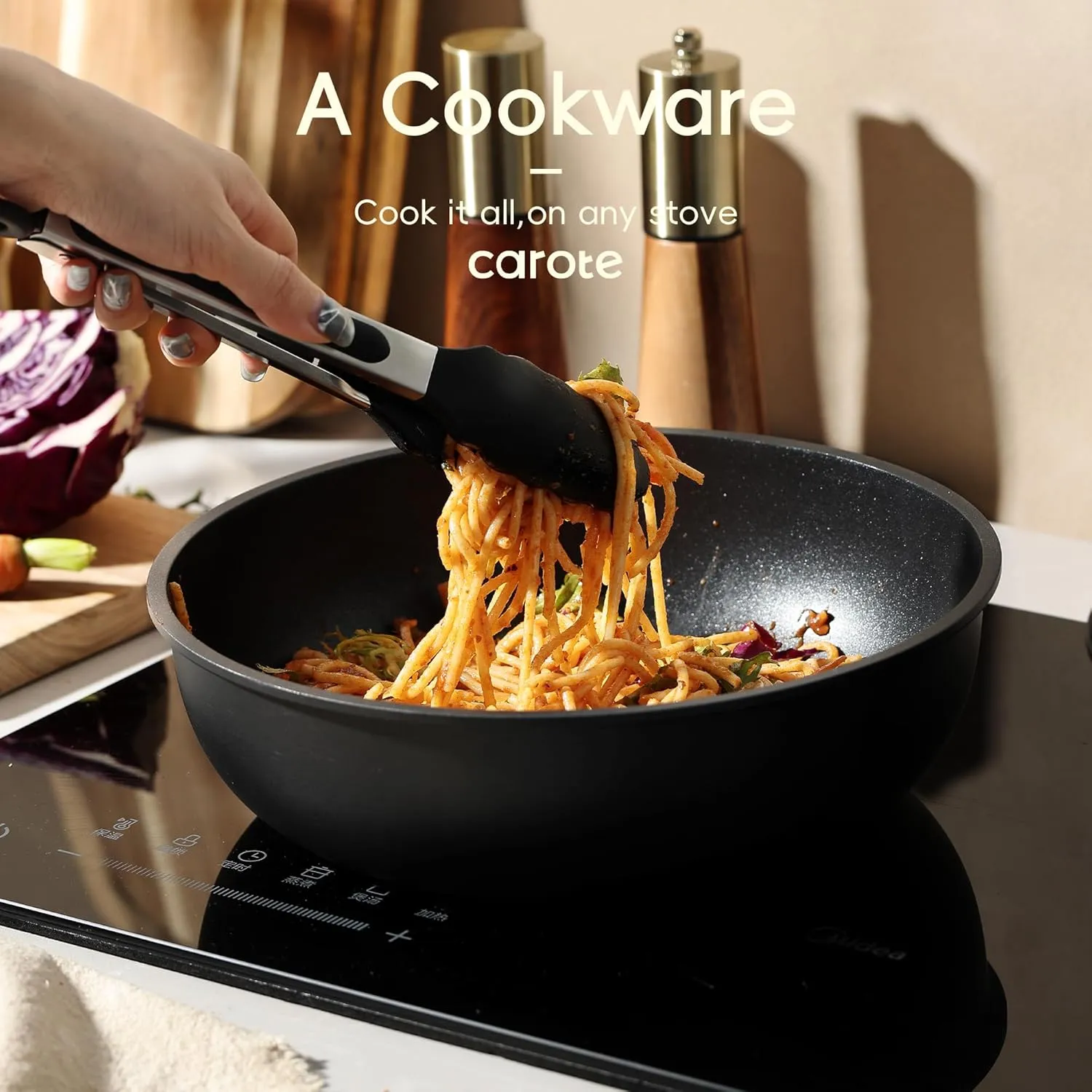 CAROTE 17pcs Pots and Pans Set, Nonstick Cookware Set Detachable Handle, Induction Kitchen Cookware Sets Non Stick with Removable Handle, RV Cookware Set, Oven Safe, Jet Black