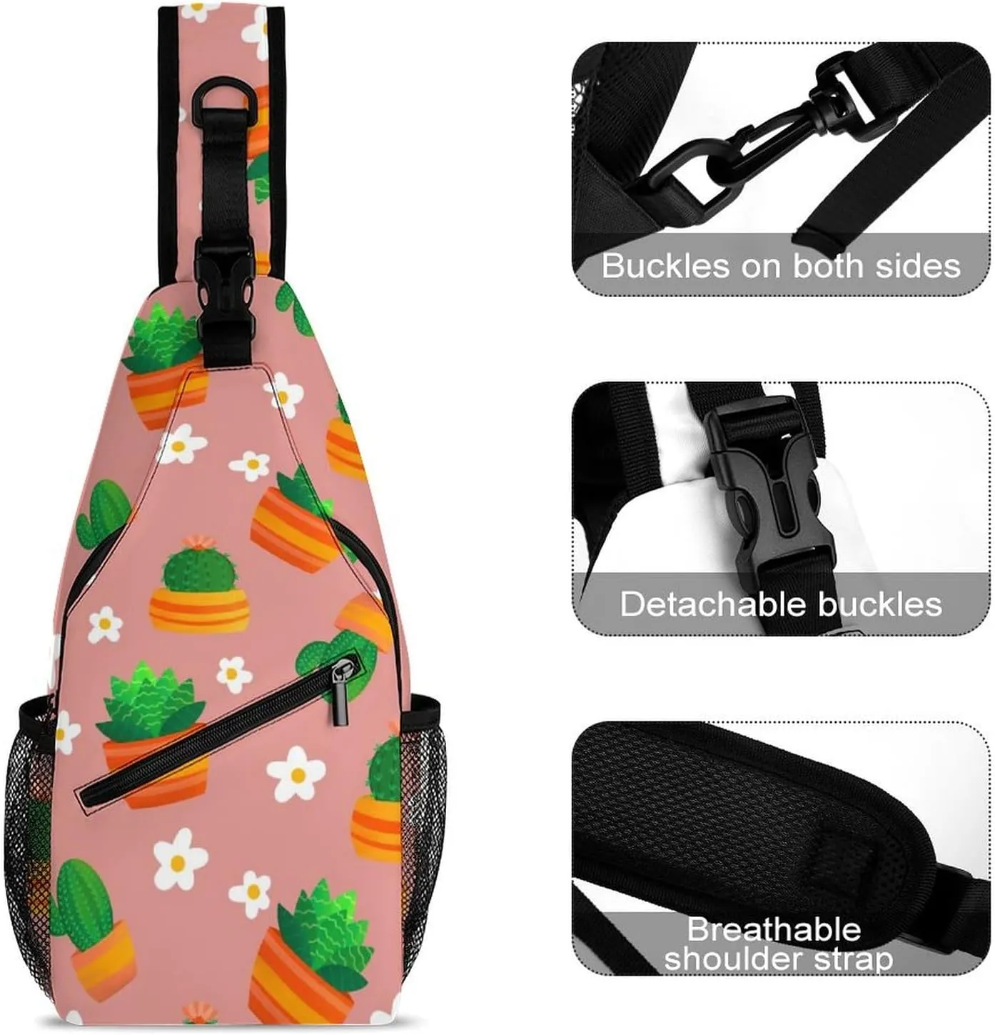 Cartoon Cactus Floral Crossbody Sling Backpack Sling Bag Adjustable Travel Hiking Chest Bags Daypack