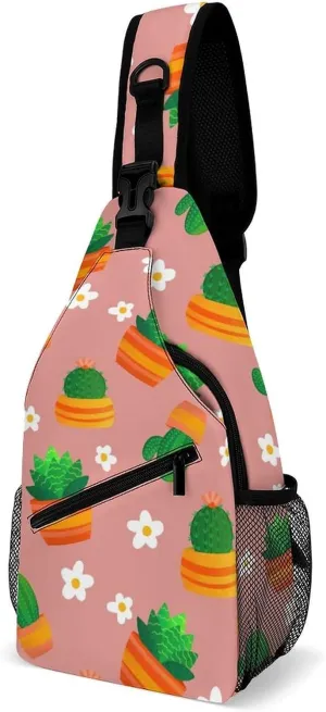 Cartoon Cactus Floral Crossbody Sling Backpack Sling Bag Adjustable Travel Hiking Chest Bags Daypack