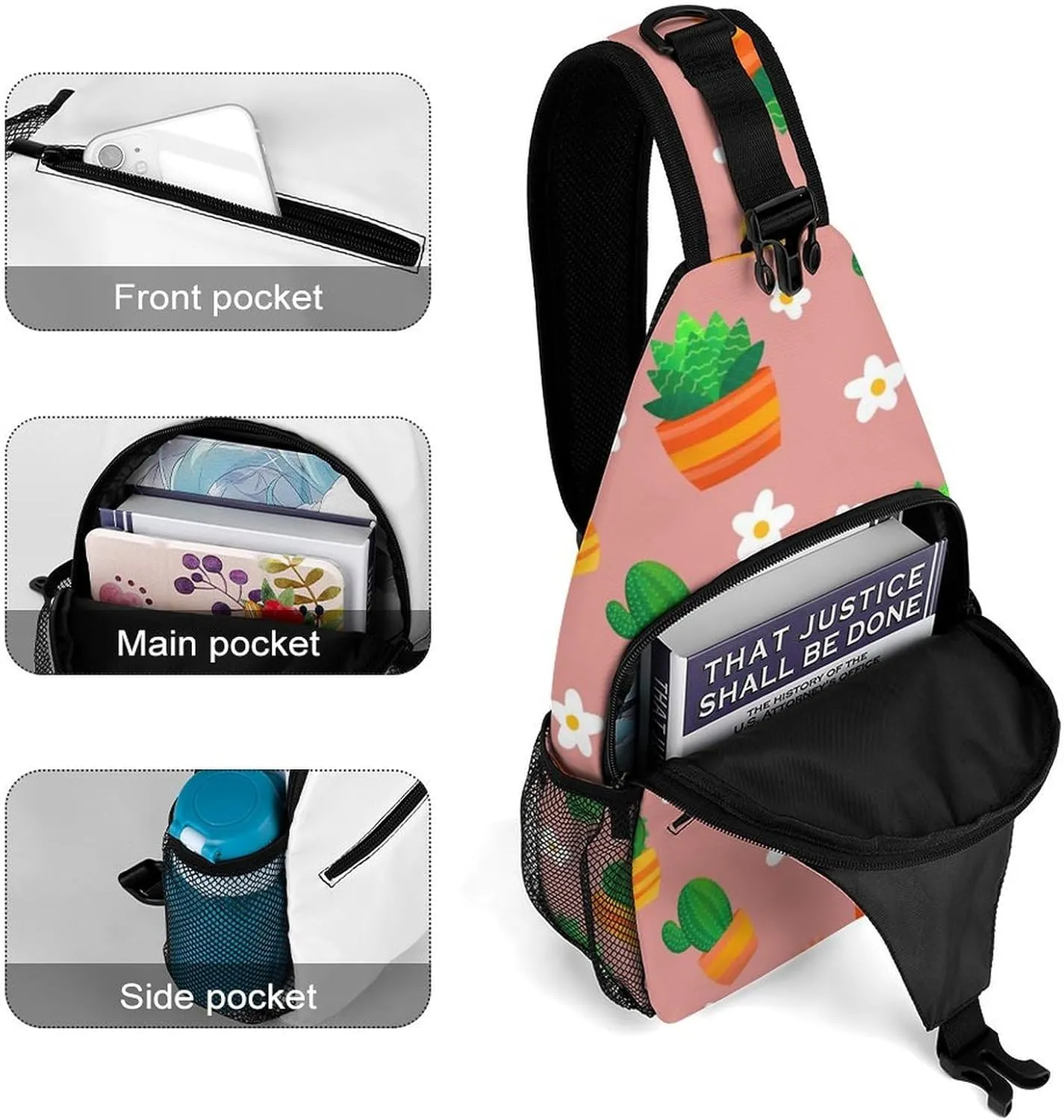 Cartoon Cactus Floral Crossbody Sling Backpack Sling Bag Adjustable Travel Hiking Chest Bags Daypack