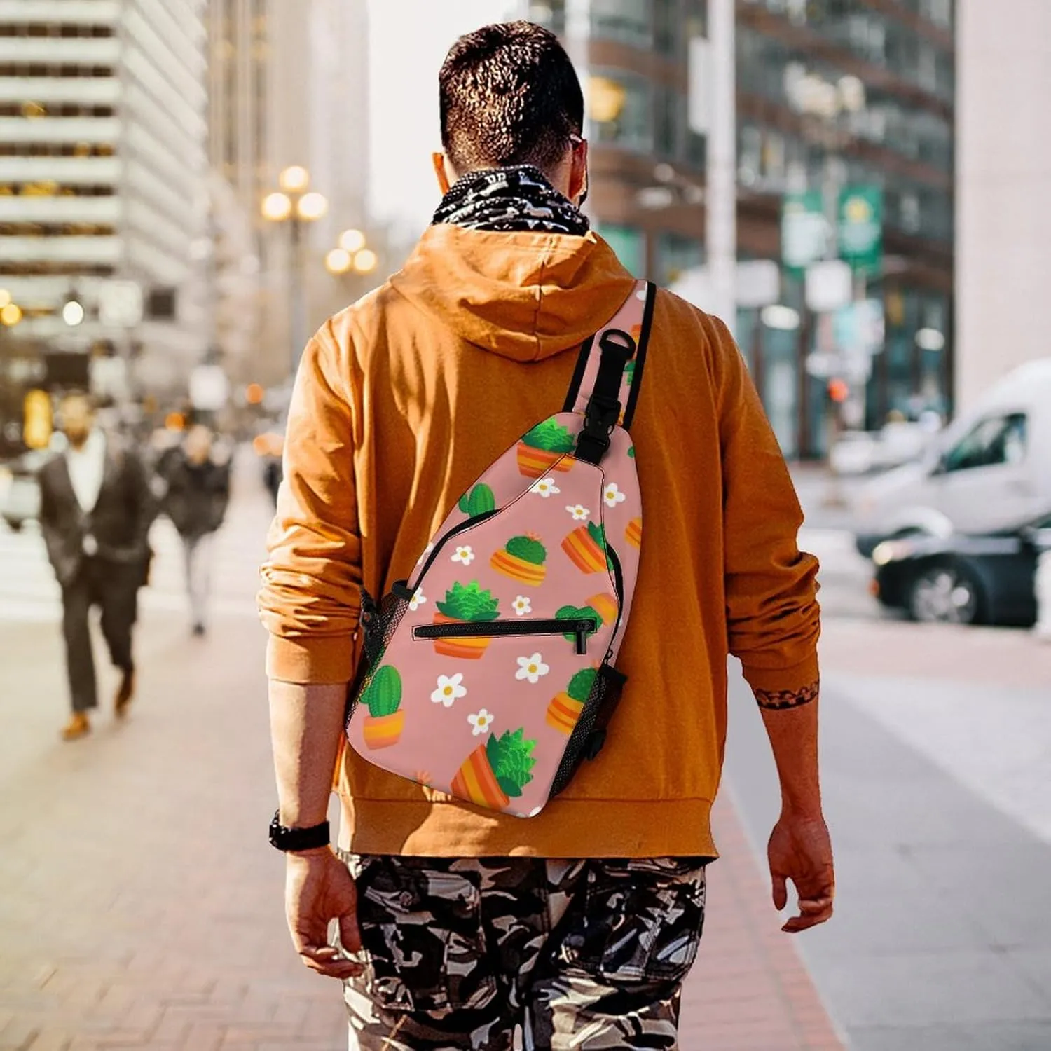 Cartoon Cactus Floral Crossbody Sling Backpack Sling Bag Adjustable Travel Hiking Chest Bags Daypack