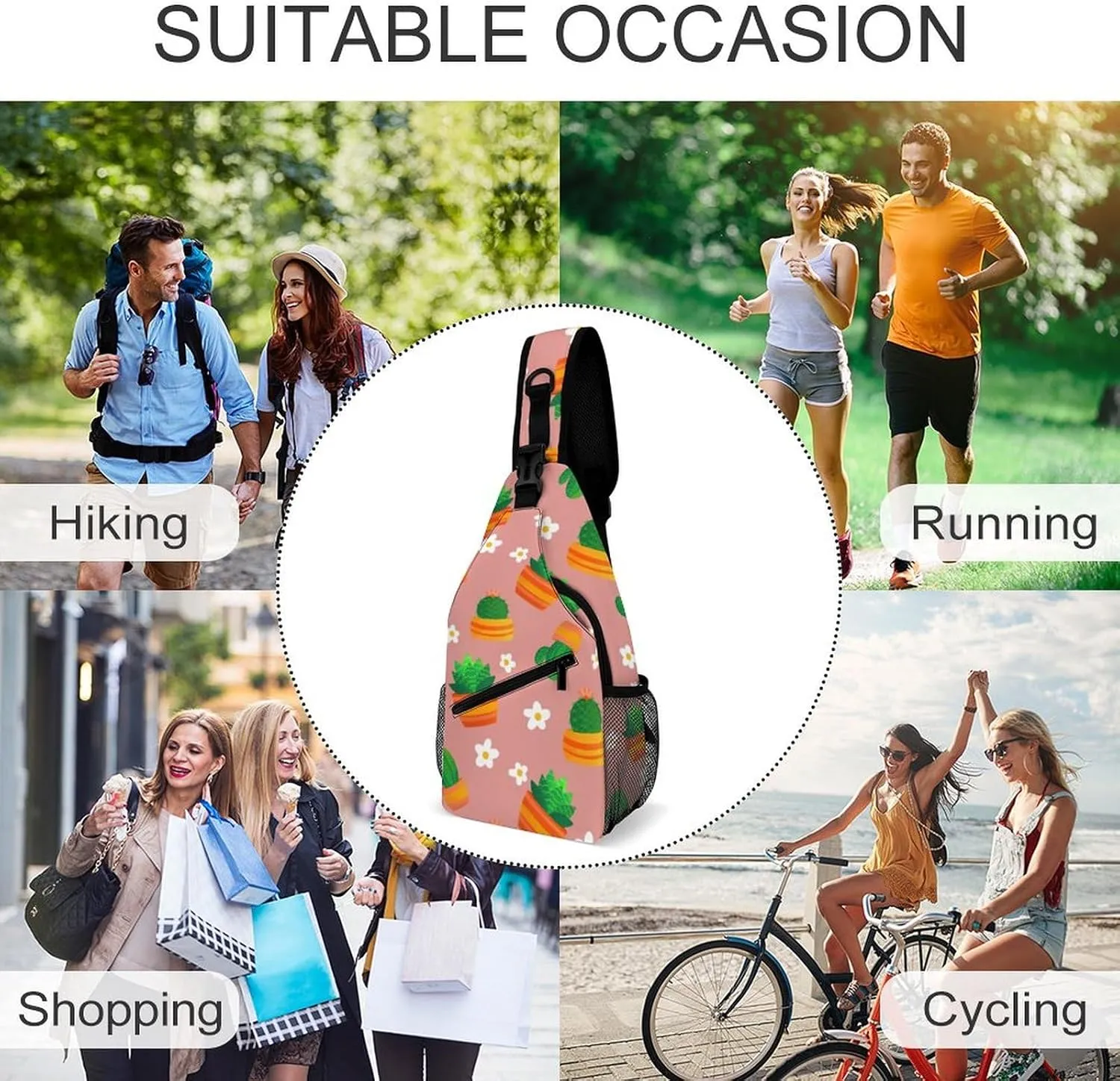 Cartoon Cactus Floral Crossbody Sling Backpack Sling Bag Adjustable Travel Hiking Chest Bags Daypack