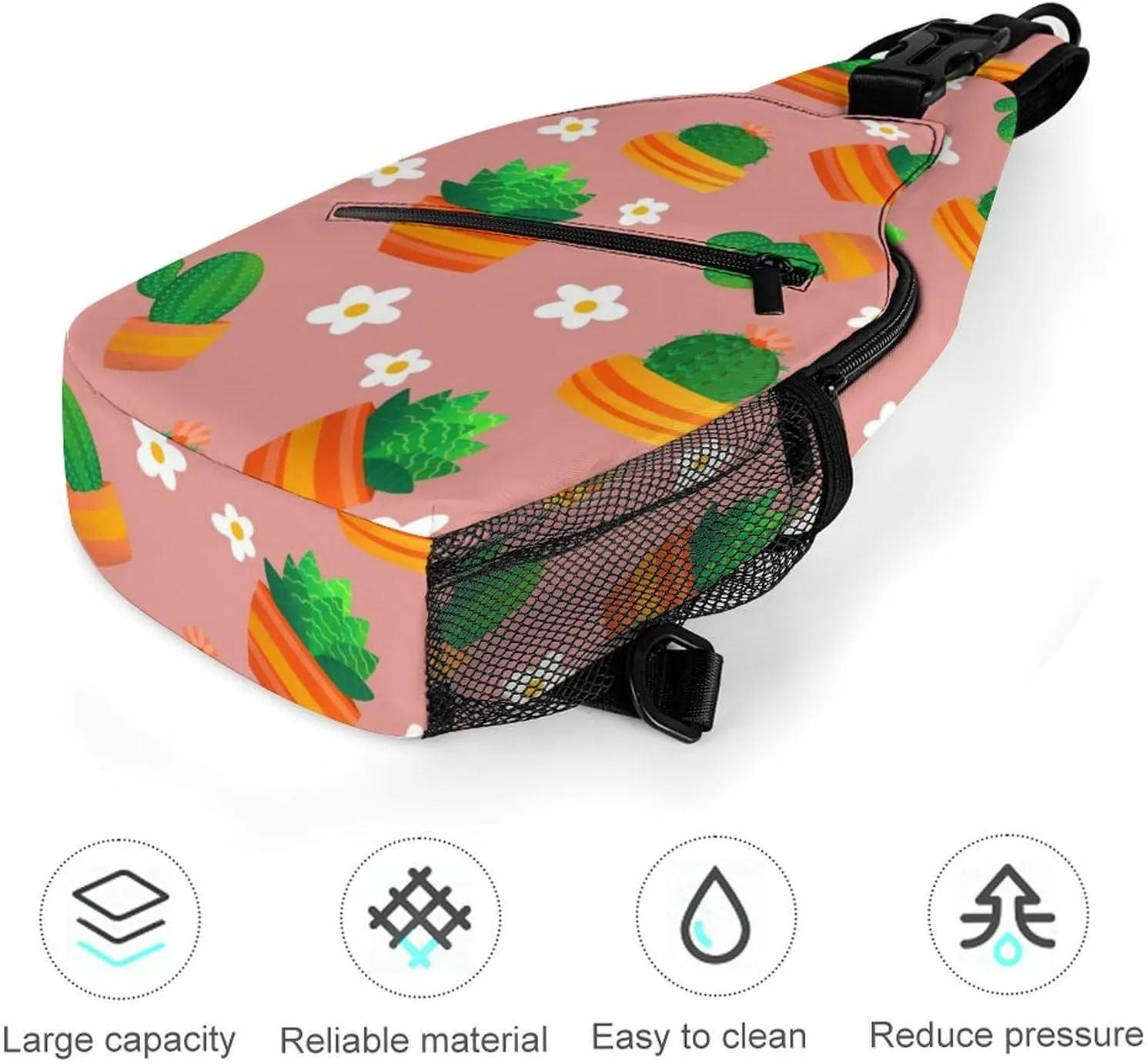 Cartoon Cactus Floral Crossbody Sling Backpack Sling Bag Adjustable Travel Hiking Chest Bags Daypack