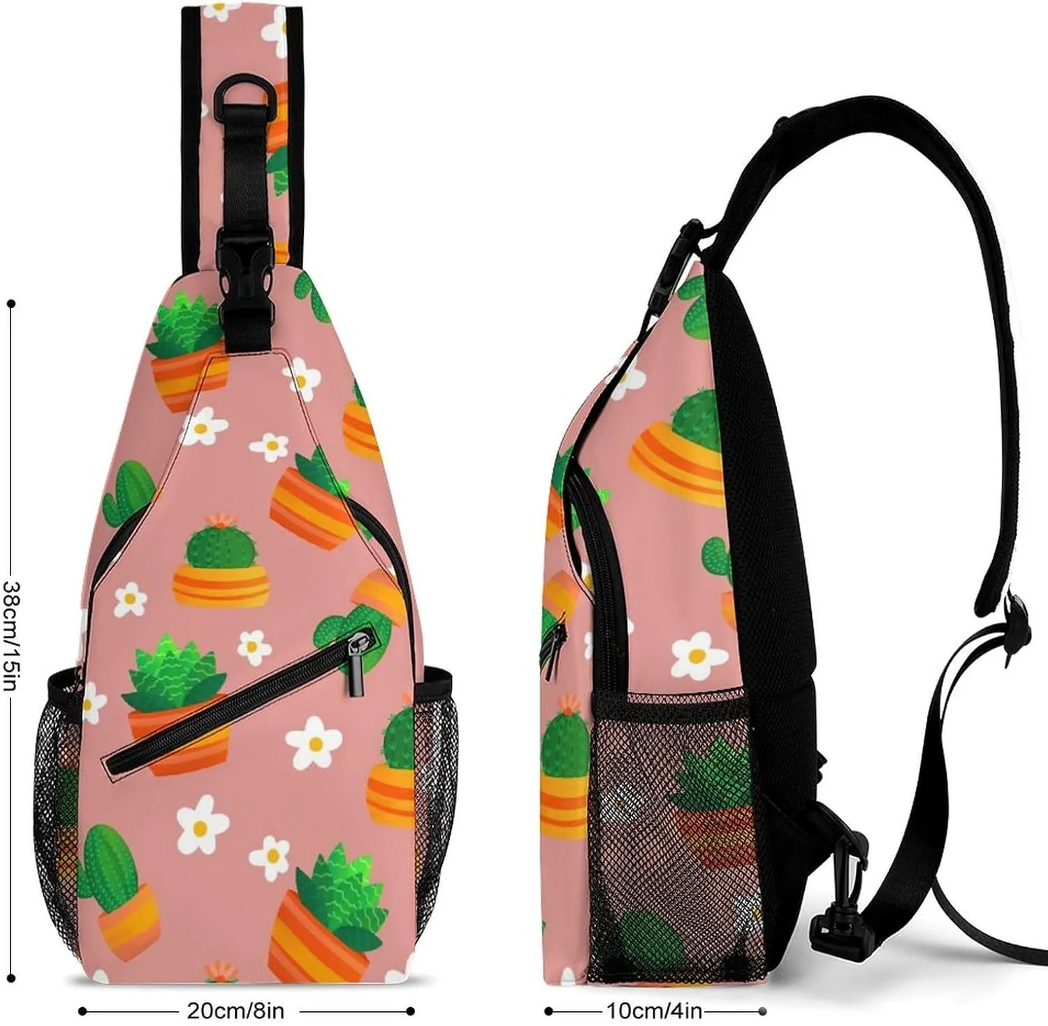 Cartoon Cactus Floral Crossbody Sling Backpack Sling Bag Adjustable Travel Hiking Chest Bags Daypack