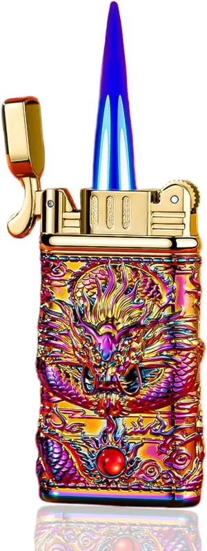Carving Dragon Antique Lighter, Vintage Metal Lighters Pretty Aesthetic, Torch Lighter with Adjustable Jet Flame,Windproof and Fillable,for Barbecue Candles,Etc.(No Methane Gas) (Color)