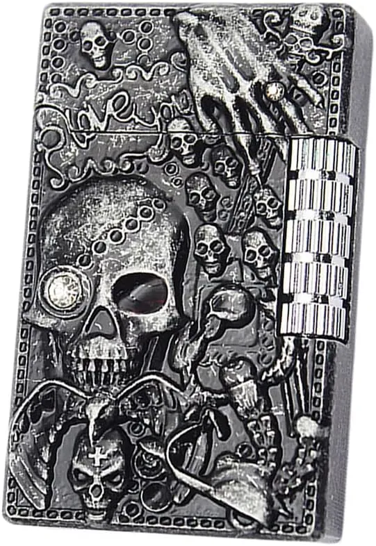 Carving Skull Antique Lighter, Vintage Cool Metal Lighters Refillable, Novelty Lighters for Men Candles Gift Ideas (No Butane Fuel). (Bright)