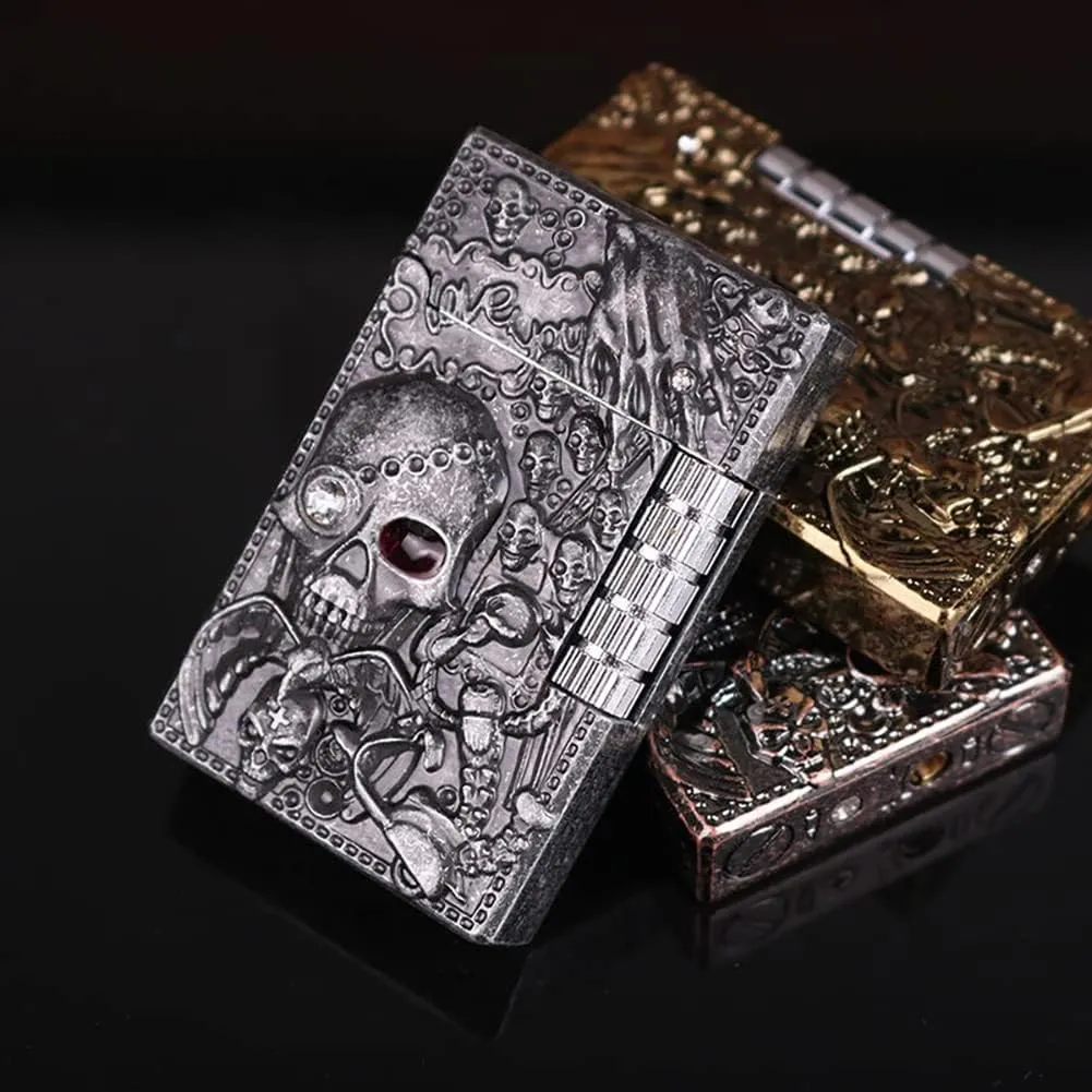 Carving Skull Antique Lighter, Vintage Cool Metal Lighters Refillable, Novelty Lighters for Men Candles Gift Ideas (No Butane Fuel). (Bright)