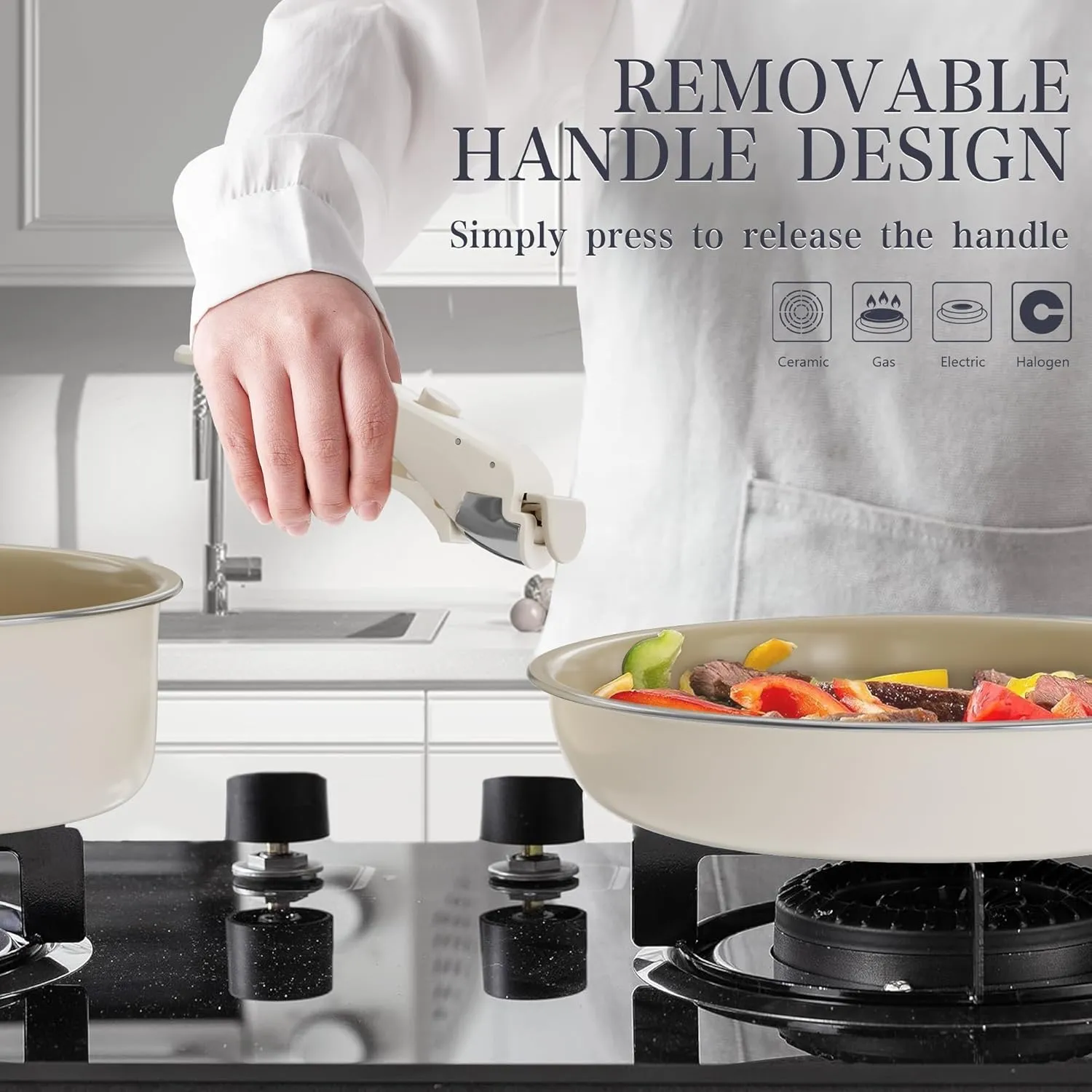 Ceramic Cookware Set - Kitchen Cookware Sets Detachable Handle Pots and Pans With Removable Handles Nonstick Frying Pans for Cooking Pot Set Nonstick Non Toxic Camping Cookware for RV Travel Gift