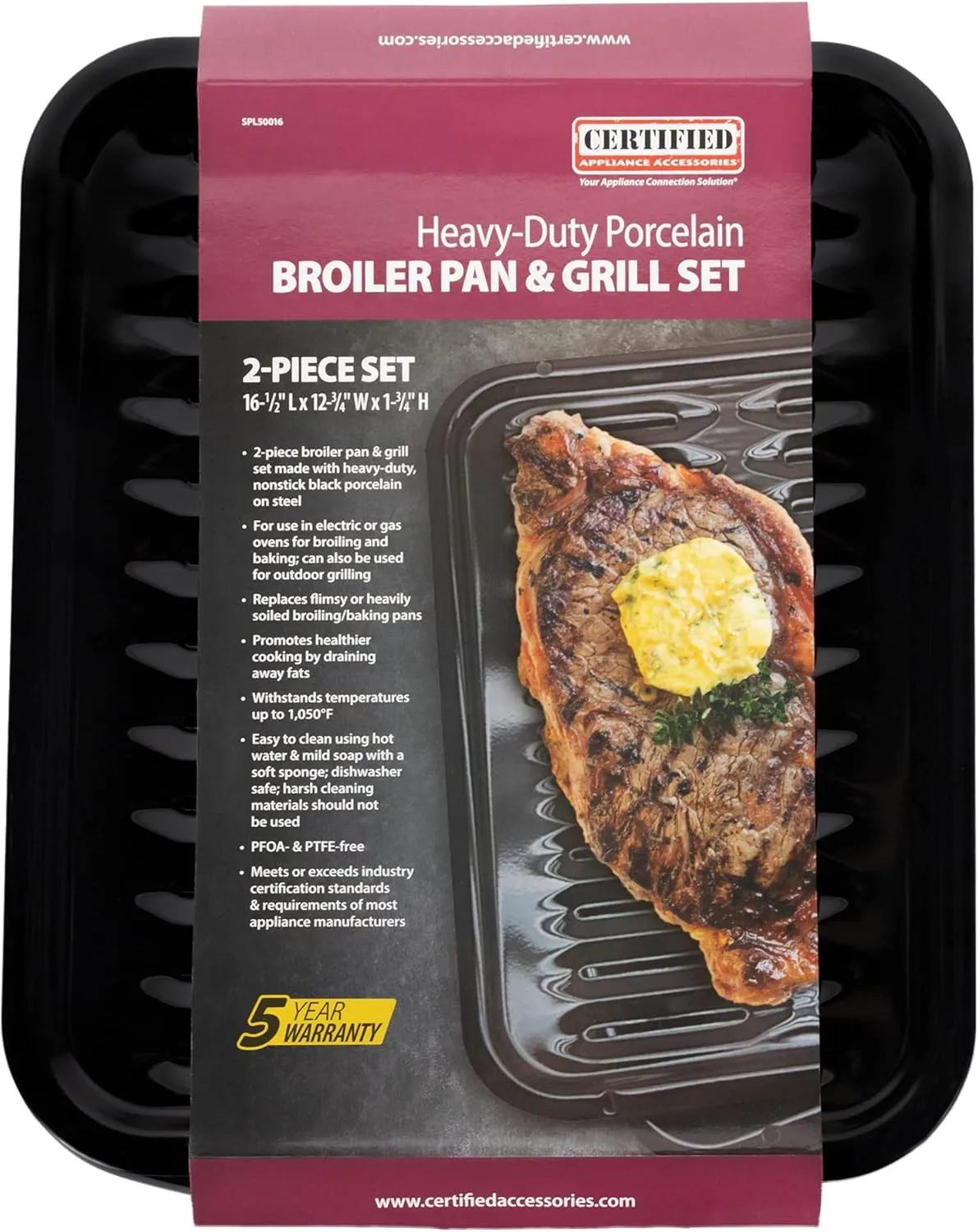 Certified Appliance Accessories SPL50016 Large 2-Piece Broiler Pan & Grill Set Porcelain-on-Steel 16-1/2"x12-3/4"x1-3/4" Broiler Pan for Oven, Black
