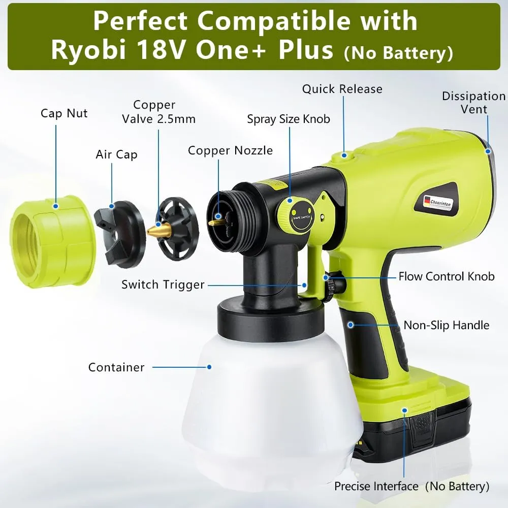 Choerinton Paint Sprayer Cordless Paint Sprayer Compatible with Ryobi Battery, Electric Paint Sprayer HVLP Paint Gun with 3 Patterns 4 Size Nozzles for House Painting Furniture Cabinets(Tool Only)