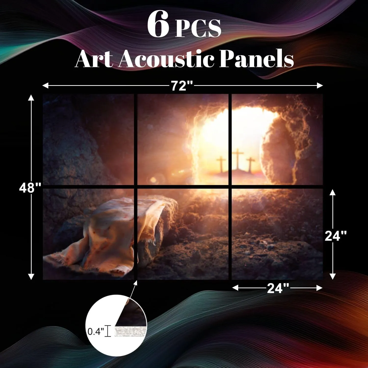 Christian Wall Decor 6 Pack Art Acoustic Panels Resurrection Christ Empty Tomb Focus Shroud Sound Absorbing Panel 48"x72" Soundproof Wall Panels Acoustic Wall Art for Studios, Office, Theaters