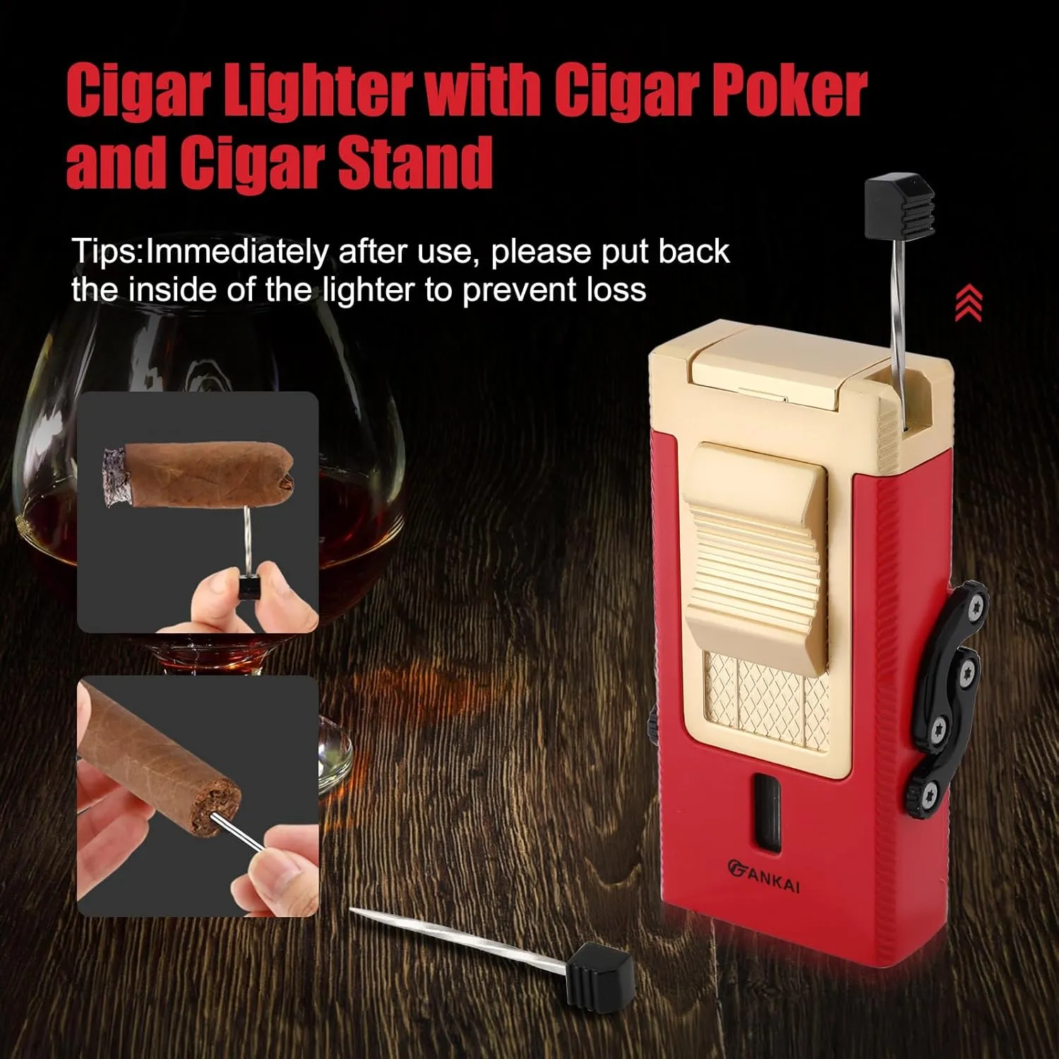 Cigar Lighter, Multi-Tool Torch with Sliding Cigar V Cutter, Punch, Holder, Poker, Butane Lighter Triple Jet Flame, for Men (Christmas Red)