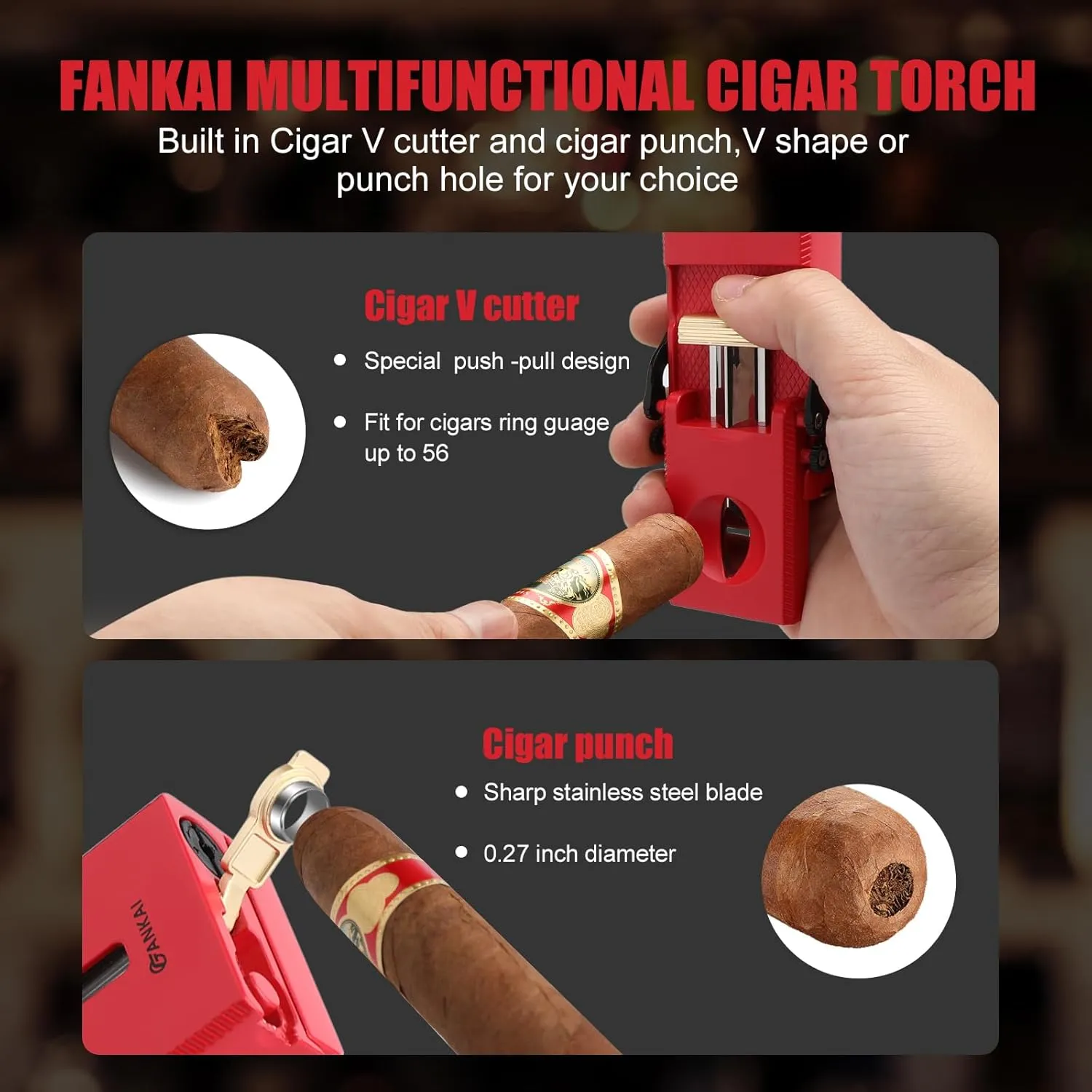 Cigar Lighter, Multi-Tool Torch with Sliding Cigar V Cutter, Punch, Holder, Poker, Butane Lighter Triple Jet Flame, for Men (Christmas Red)