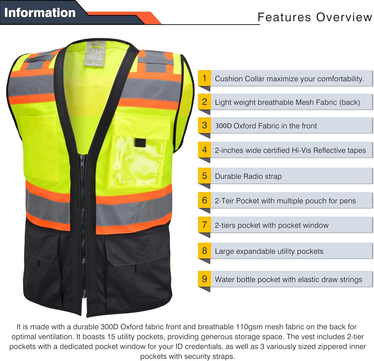 Class 2 High Visibility Reflective Safety Vests Women & Men With 5 Pockets And Zipper Front,Meets Ansi/Isea Standards