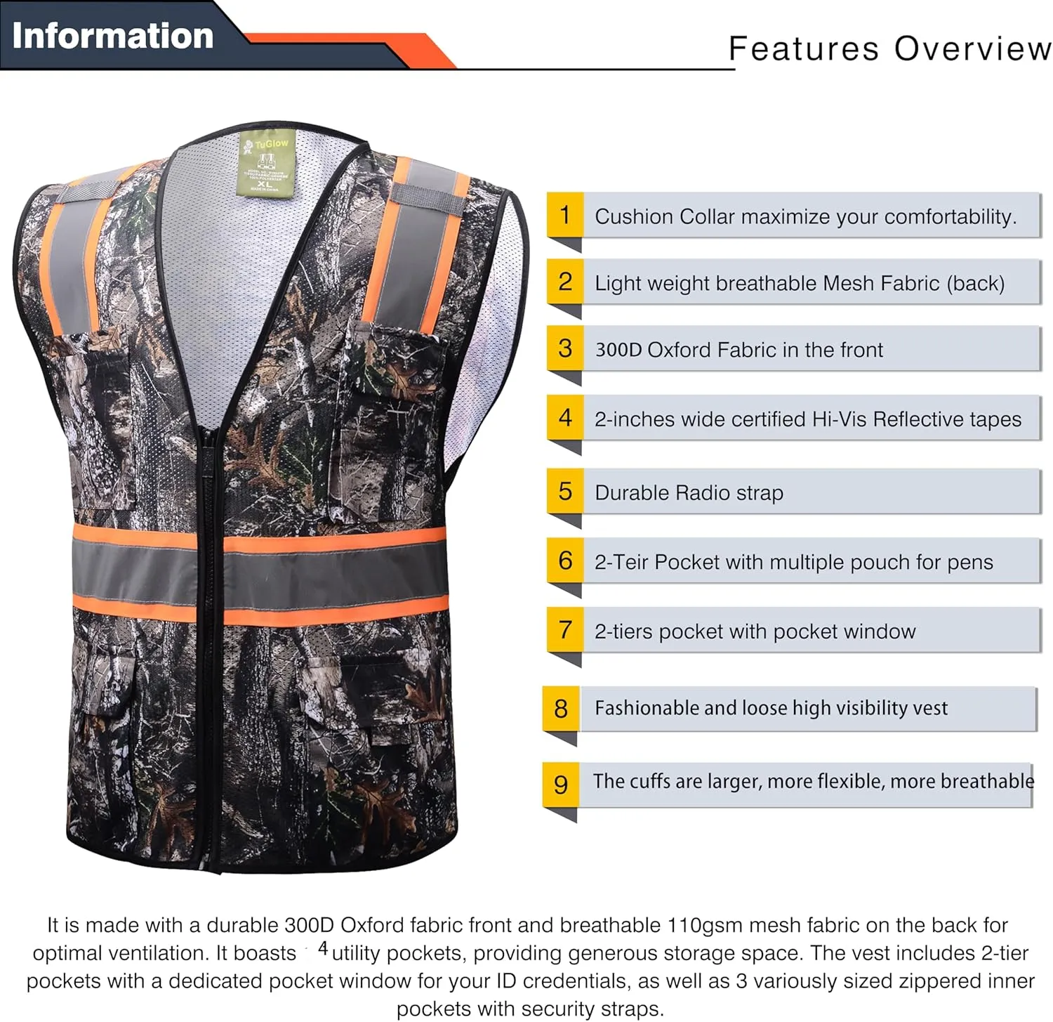 Class 2 High Visibility Reflective Safety Vests Women & Men With 5 Pockets And Zipper Front,Meets Ansi/Isea Standards