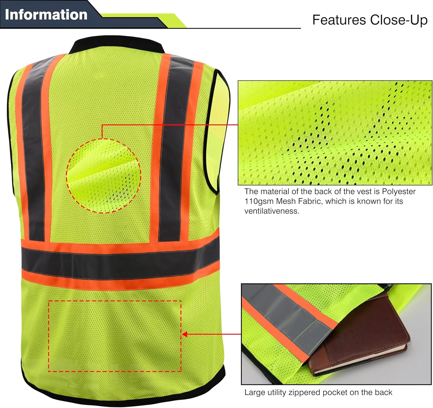 Class 2 High Visibility Reflective Safety Vests Women & Men With 5 Pockets And Zipper Front,Meets Ansi/Isea Standards