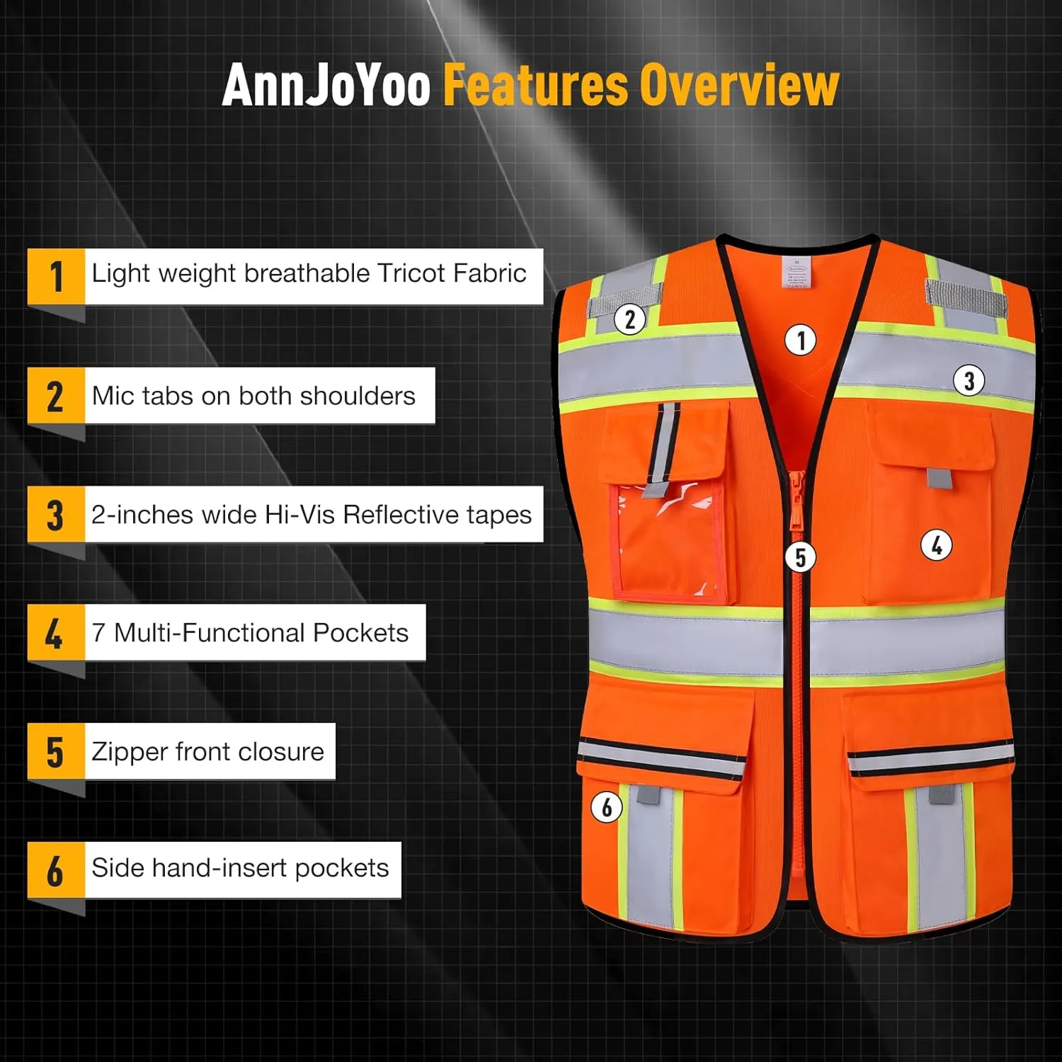 Class 2 High Visibility Vests with Zipper Front and 7 Pockets, Meets ANSI/ISEA Standards