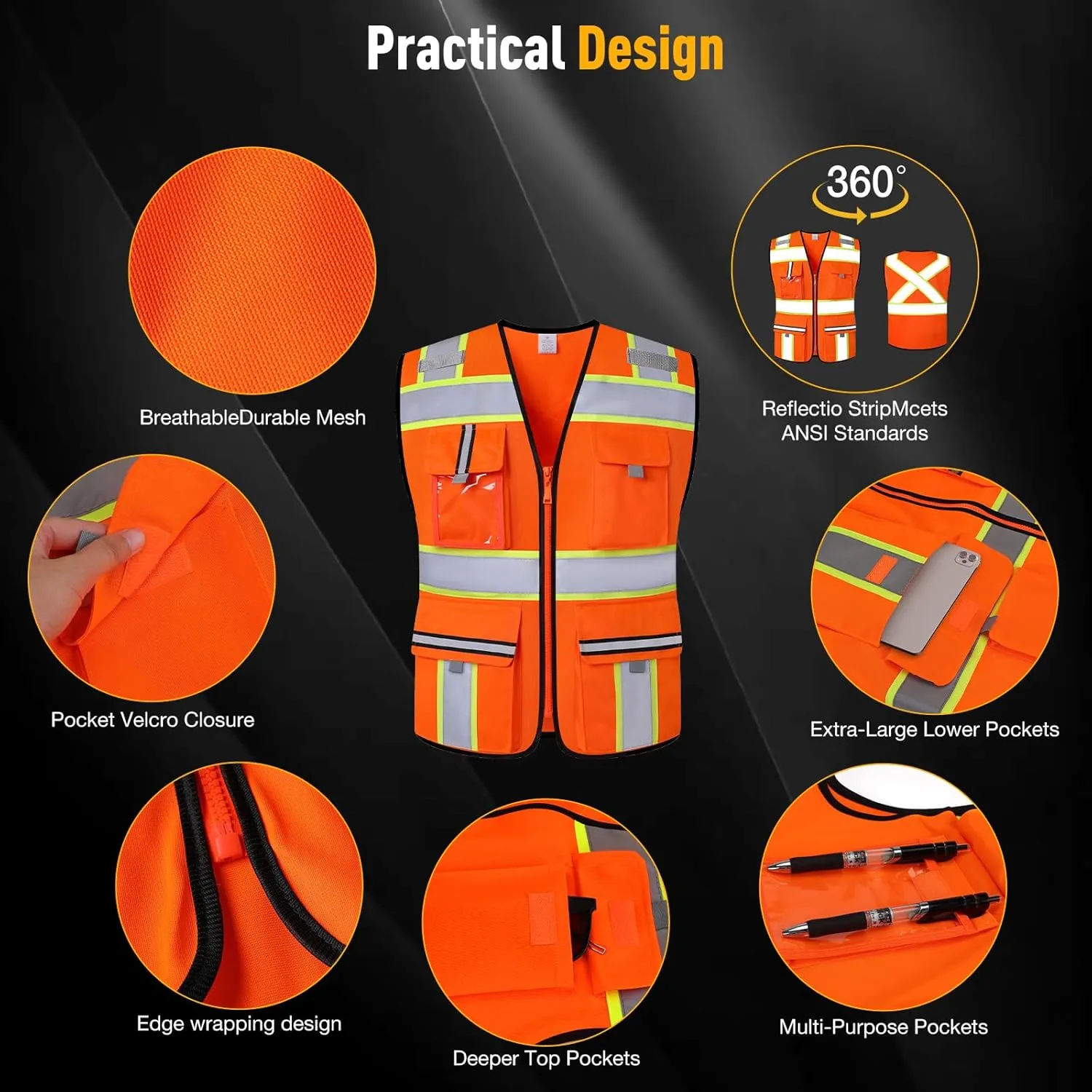 Class 2 High Visibility Vests with Zipper Front and 7 Pockets, Meets ANSI/ISEA Standards