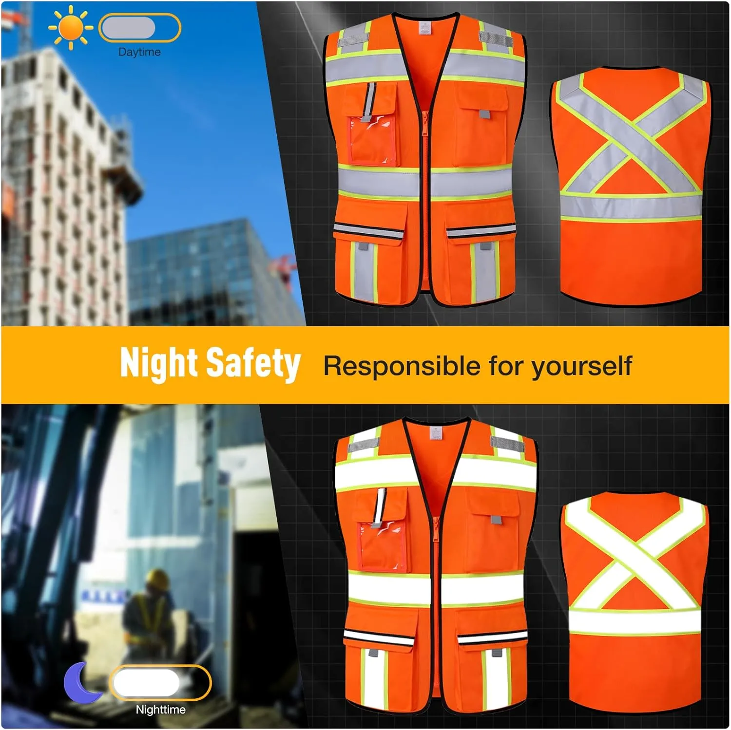 Class 2 High Visibility Vests with Zipper Front and 7 Pockets, Meets ANSI/ISEA Standards