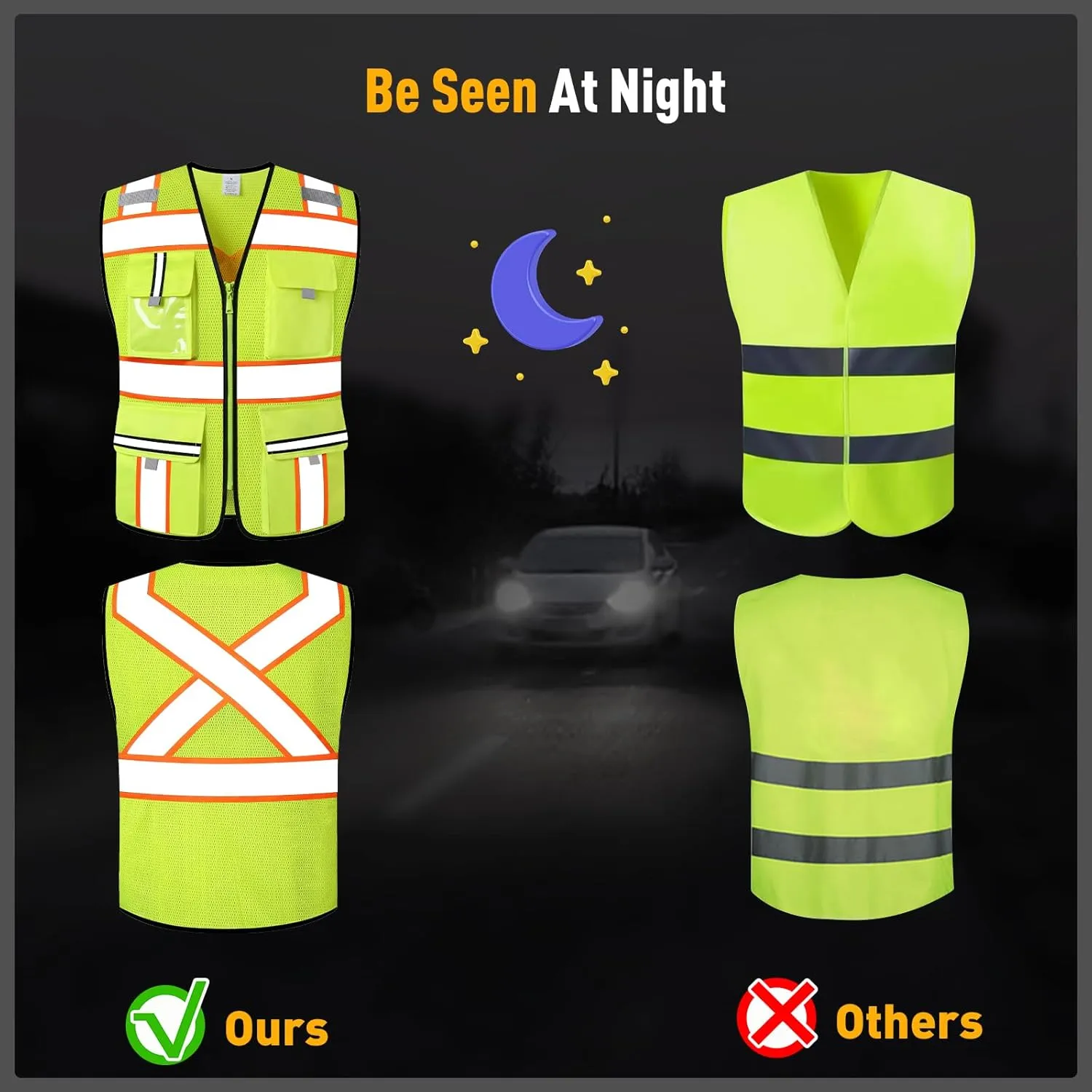 Class 2 High Visibility Vests with Zipper Front and 7 Pockets, Meets ANSI/ISEA Standards