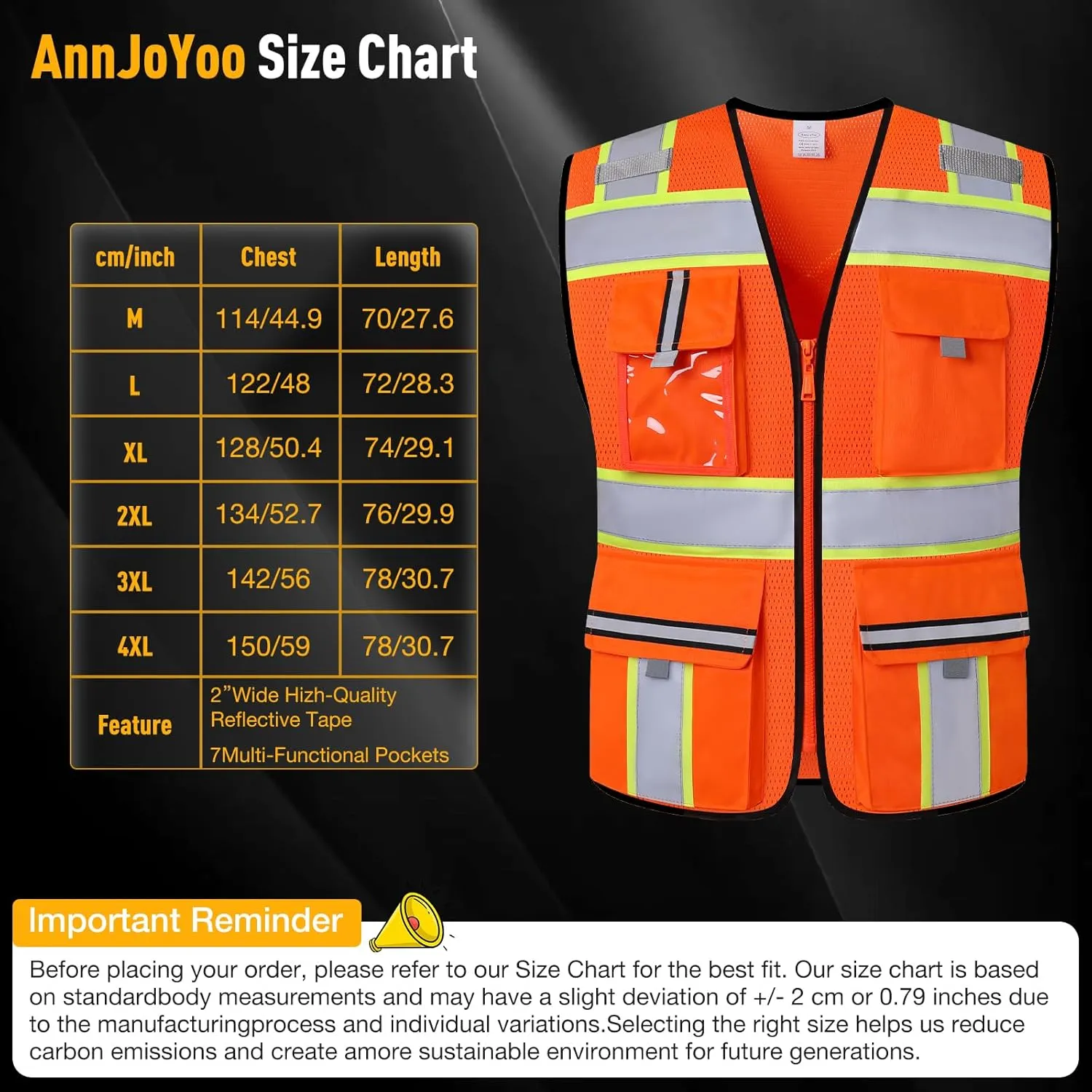 Class 2 High Visibility Vests with Zipper Front and 7 Pockets, Meets ANSI/ISEA Standards
