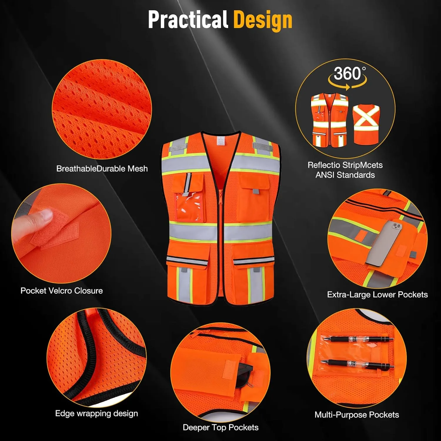 Class 2 High Visibility Vests with Zipper Front and 7 Pockets, Meets ANSI/ISEA Standards