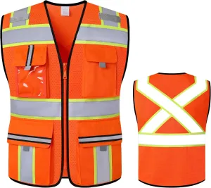Class 2 High Visibility Vests with Zipper Front and 7 Pockets, Meets ANSI/ISEA Standards