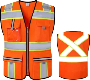 Class 2 High Visibility Vests with Zipper Front and 7 Pockets, Meets ANSI/ISEA Standards