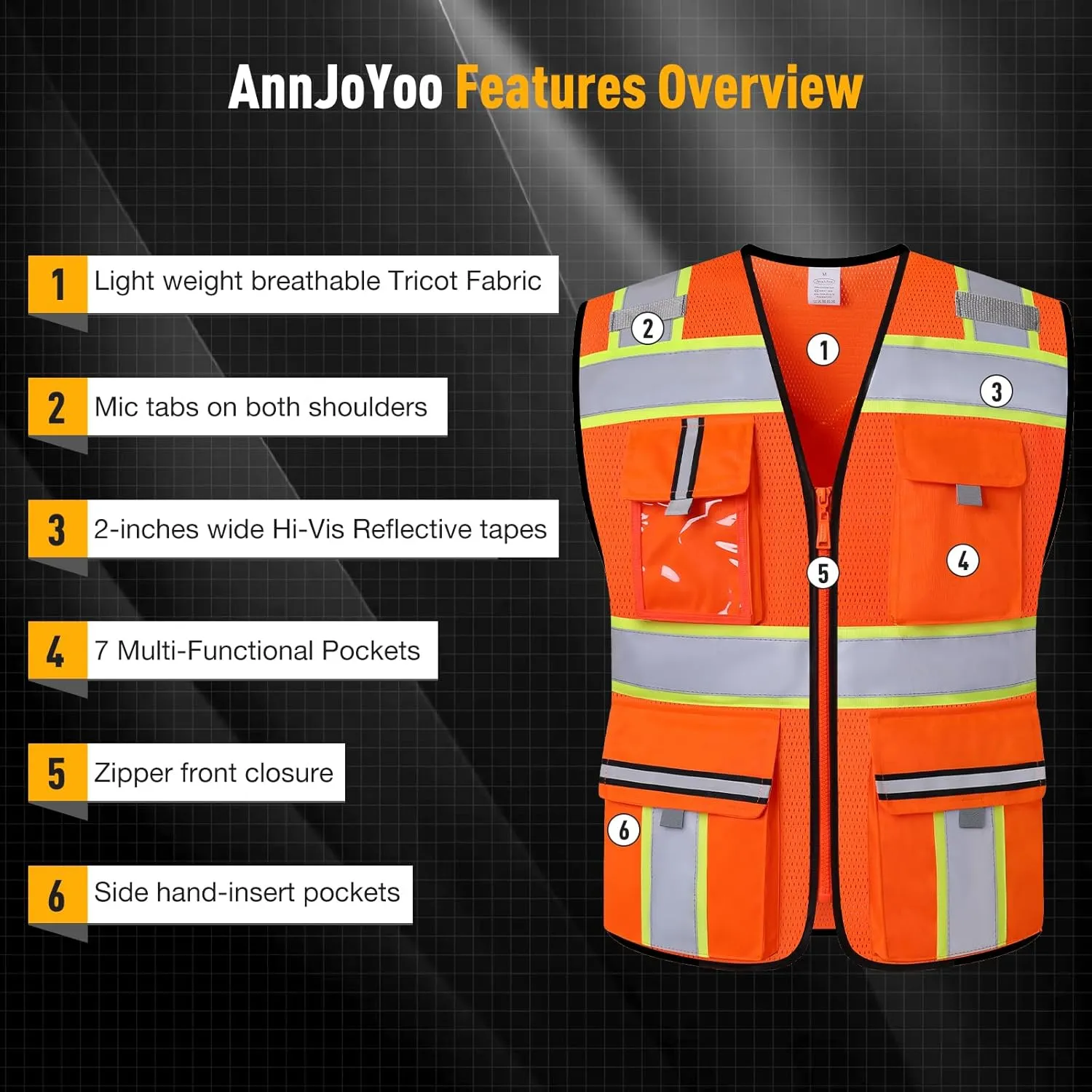 Class 2 High Visibility Vests with Zipper Front and 7 Pockets, Meets ANSI/ISEA Standards