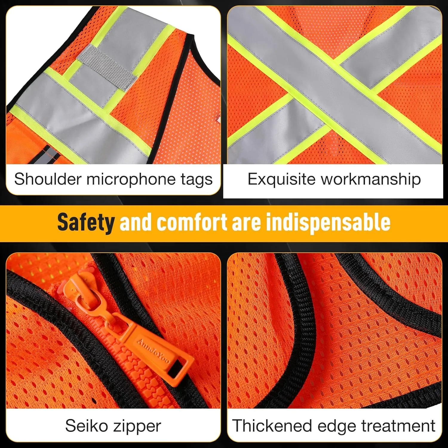 Class 2 High Visibility Vests with Zipper Front and 7 Pockets, Meets ANSI/ISEA Standards
