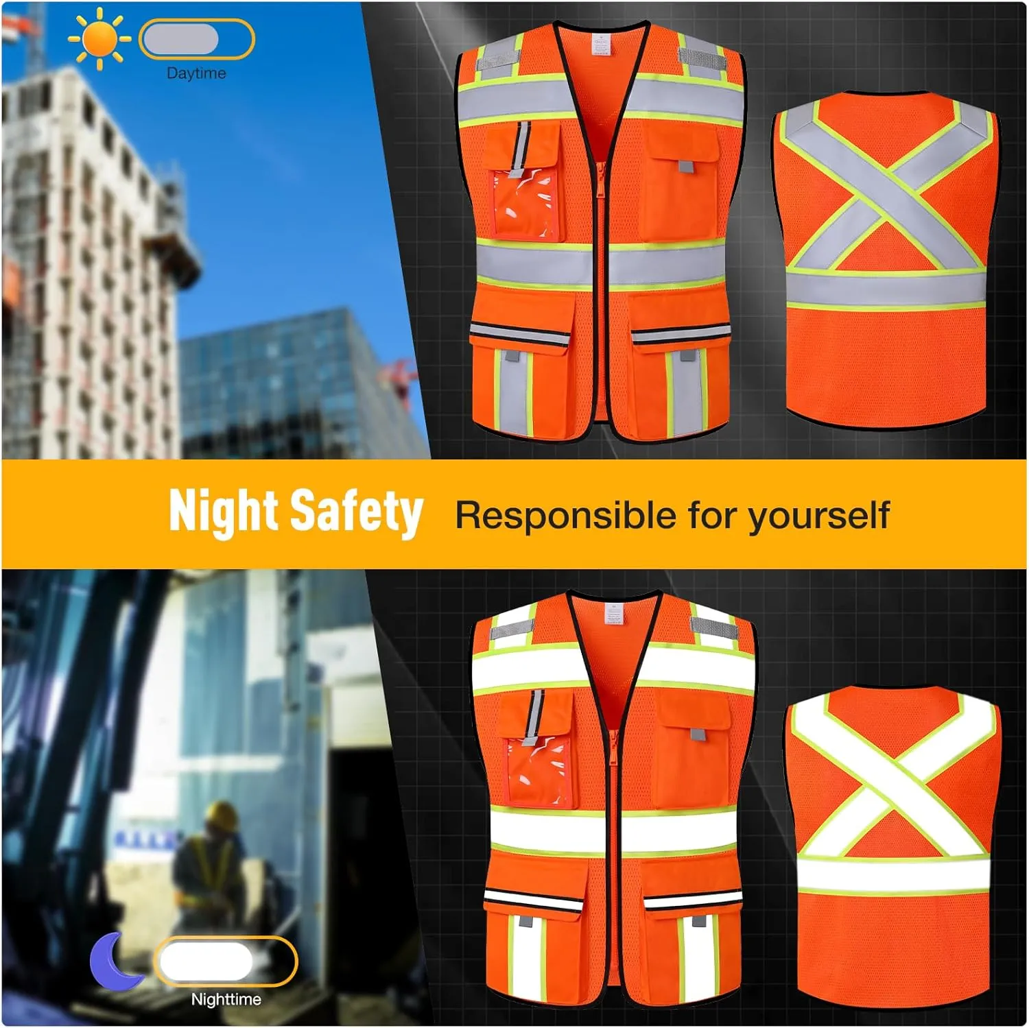 Class 2 High Visibility Vests with Zipper Front and 7 Pockets, Meets ANSI/ISEA Standards