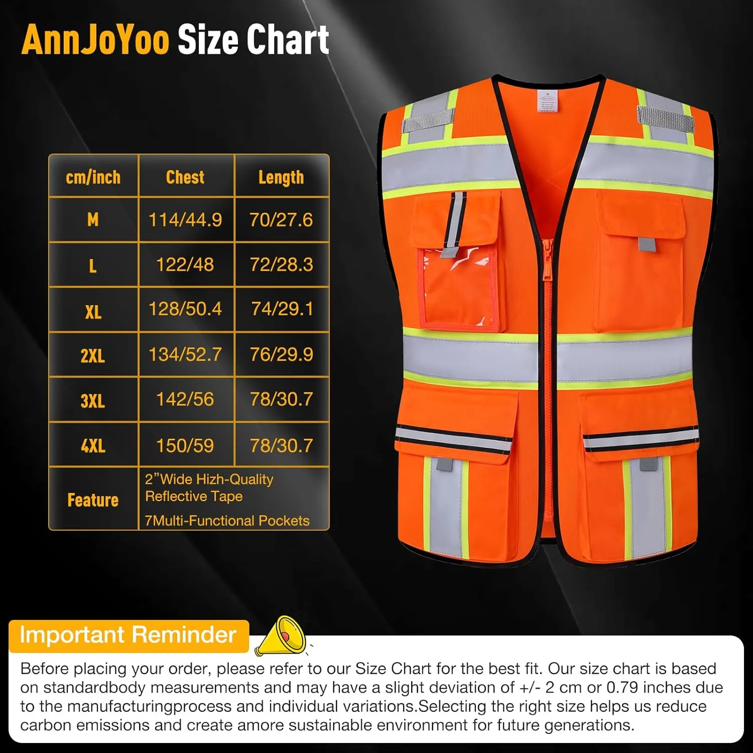 Class 2 High Visibility Vests with Zipper Front and 7 Pockets, Meets ANSI/ISEA Standards