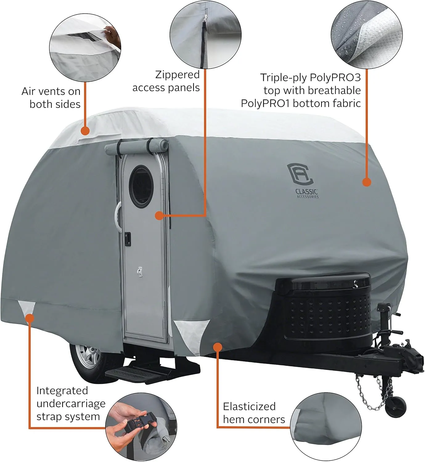 Classic Accessories Over Drive PolyPRO3 Deluxe Sloped Travel Trailer Cover, 19-21', Grey/Snow White