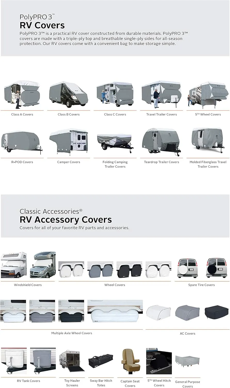 Classic Accessories Over Drive PolyPRO3 Deluxe Sloped Travel Trailer Cover, 19-21', Grey/Snow White