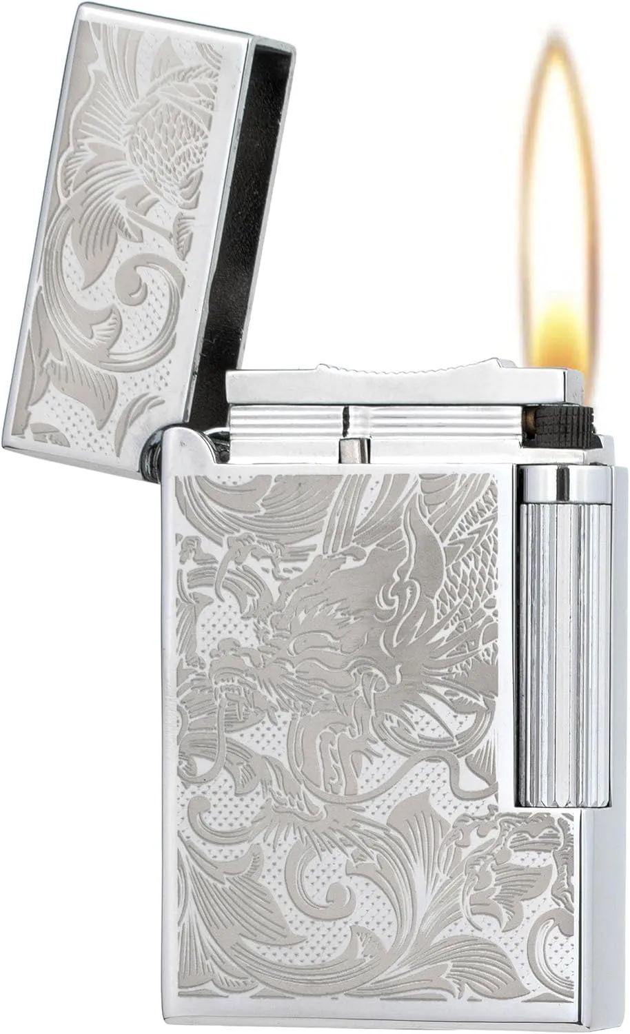 Classic Soft Flame Flint Wheel Butane Gas Refillable Lighter with Adjustable Flame Control (Silver Ice Dragon)