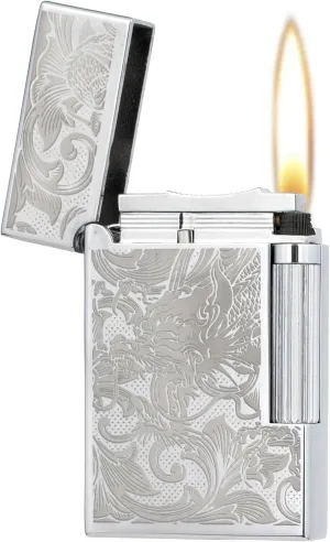 Classic Soft Flame Flint Wheel Butane Gas Refillable Lighter with Adjustable Flame Control (Silver Ice Dragon)