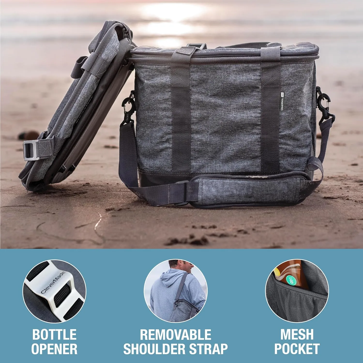 CleverMade Collapsible Insulated Cooler Bag – 30 Can Leakproof Soft Cooler for Beach, Travel, Car – Shoulder Strap, Bottle Opener – Rose Gold