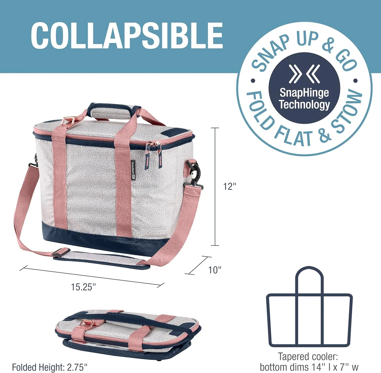 CleverMade Collapsible Insulated Cooler Bag – 30 Can Leakproof Soft Cooler for Beach, Travel, Car – Shoulder Strap, Bottle Opener – Rose Gold