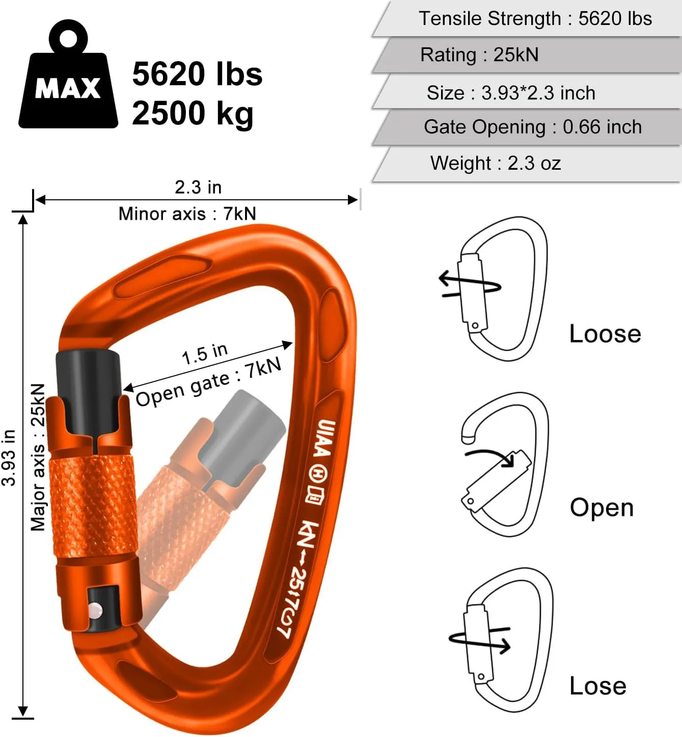 Climbing Carabiner Clips 25kN Auto Locking Carabiner, Professional Heavy Duty Large Locking Carabiner Clips for Rock/Ice Climbing Rappelling Rescue Swing etc, D Shaped, Large Size