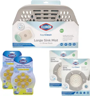 Clorox KeptClean Kitchen Sink Organization Refresh Set – Mat with Rinse Rack That Lifts/Folds to Dispose Food Debris, 10 Garbage Disposal Deodorizing Beads, Sink Strainer to Prevent Drain Clogs