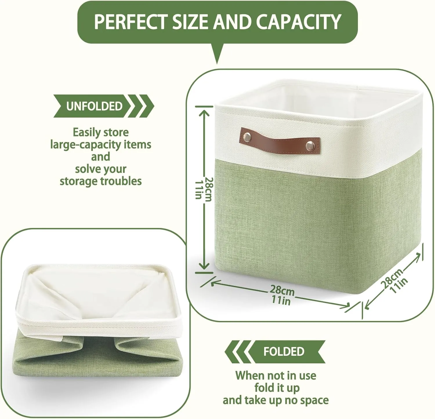 Collapsible Fabric Cube Storage Bins 11x11×11, Pack of 4 Closet Basket Boxes with PU Handles for Organizing Shelves, Toys, Clothes, Home, Office (White & Green)