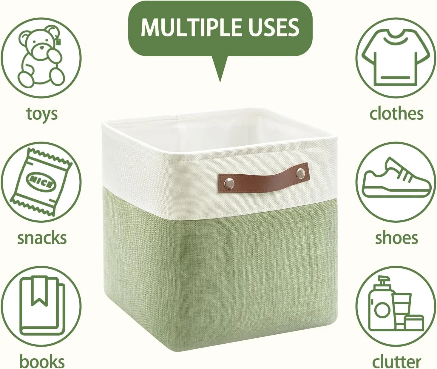 Collapsible Fabric Cube Storage Bins 11x11×11, Pack of 4 Closet Basket Boxes with PU Handles for Organizing Shelves, Toys, Clothes, Home, Office (White & Green)