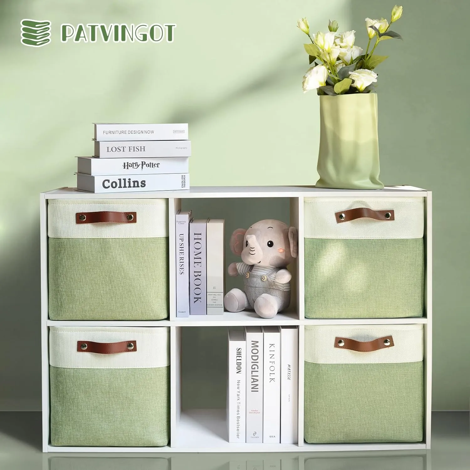Collapsible Fabric Cube Storage Bins 11x11×11, Pack of 4 Closet Basket Boxes with PU Handles for Organizing Shelves, Toys, Clothes, Home, Office (White & Green)