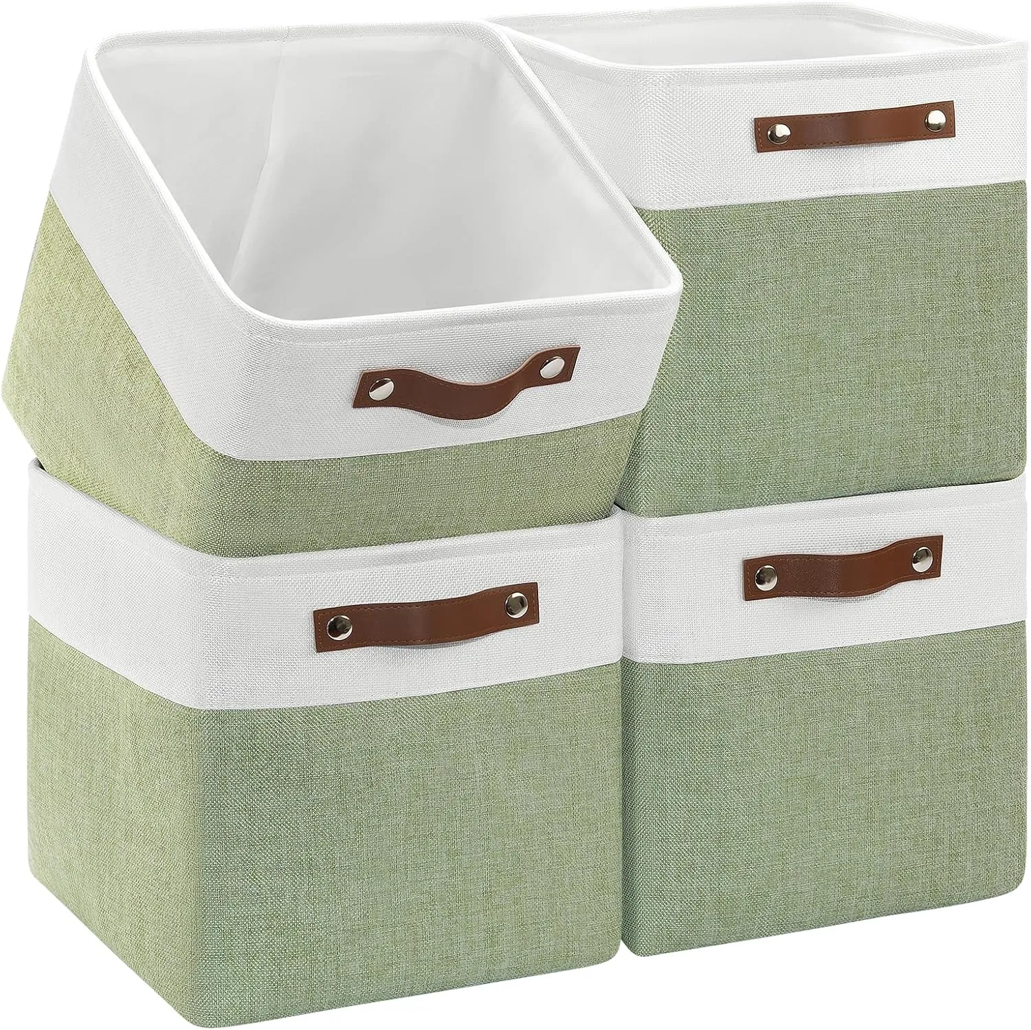Collapsible Fabric Cube Storage Bins 11x11×11, Pack of 4 Closet Basket Boxes with PU Handles for Organizing Shelves, Toys, Clothes, Home, Office (White & Green)