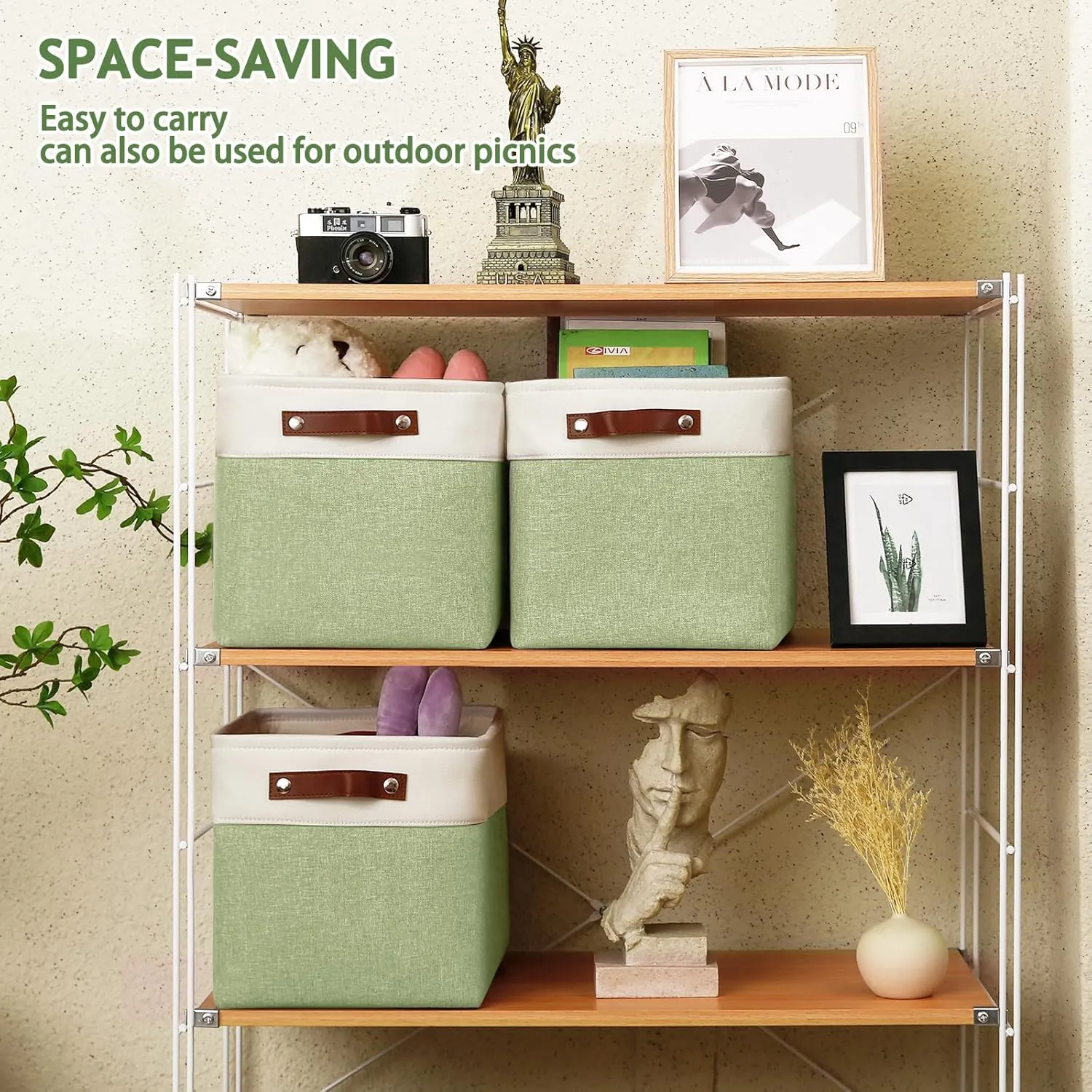 Collapsible Fabric Cube Storage Bins 11x11×11, Pack of 4 Closet Basket Boxes with PU Handles for Organizing Shelves, Toys, Clothes, Home, Office (White & Green)