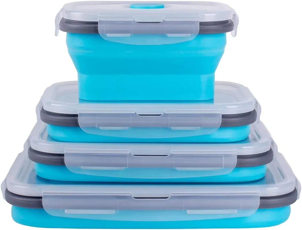 Collapsible Food Storage Containers with Airtight Lid & Air Vent, 4 Sizes, Kitchen Stacking Silicone Collapsible Meal Prep Container Set for Leftover, Microwave Freezer Dishwasher Safe, Blue, Set of 4